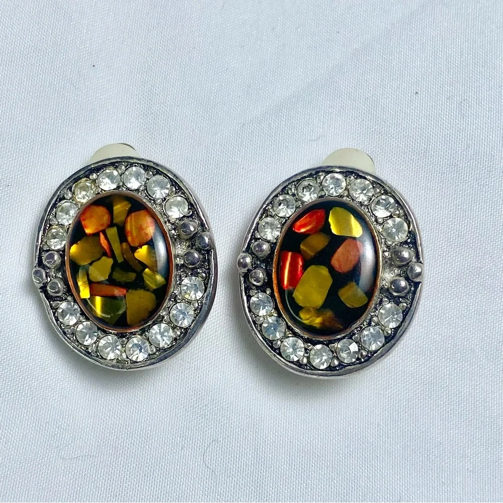 VTG Oval Amber Mosaic Pendant Necklace Crystal Halo + Matching Clip-On Earrings